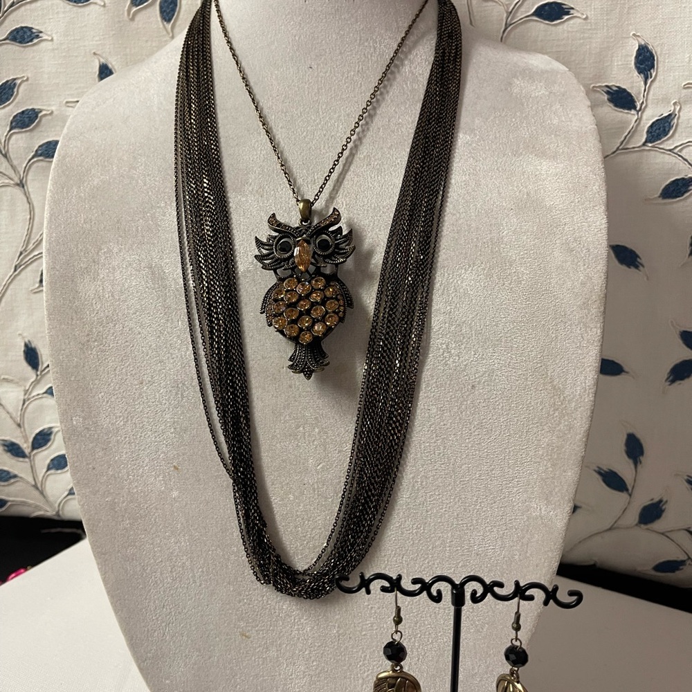 Black and Gold Owl Pendant Necklace